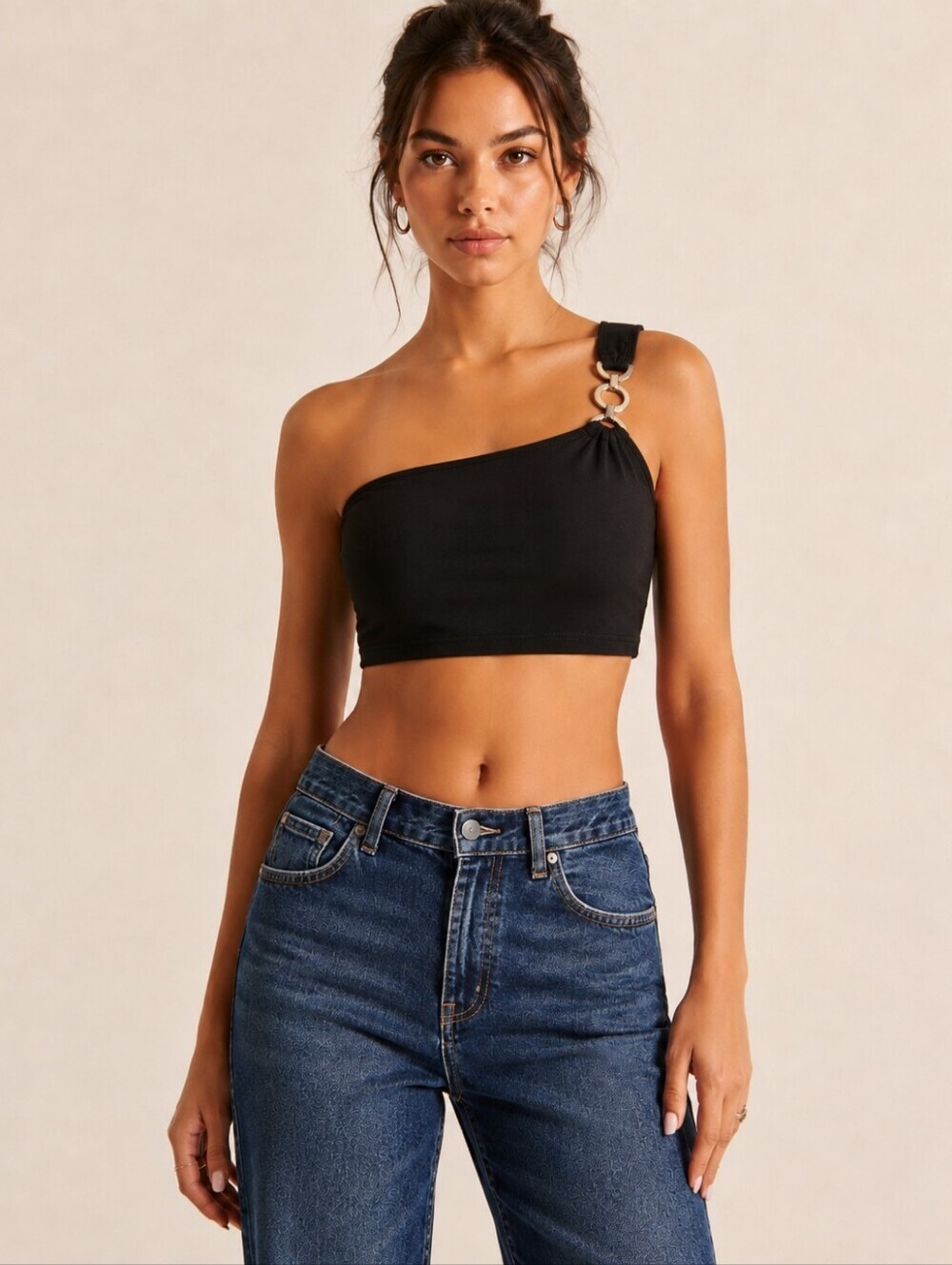 SHEIN Black One Shoulder Crop Top M Chain Ring Hardware Y2K Going Out